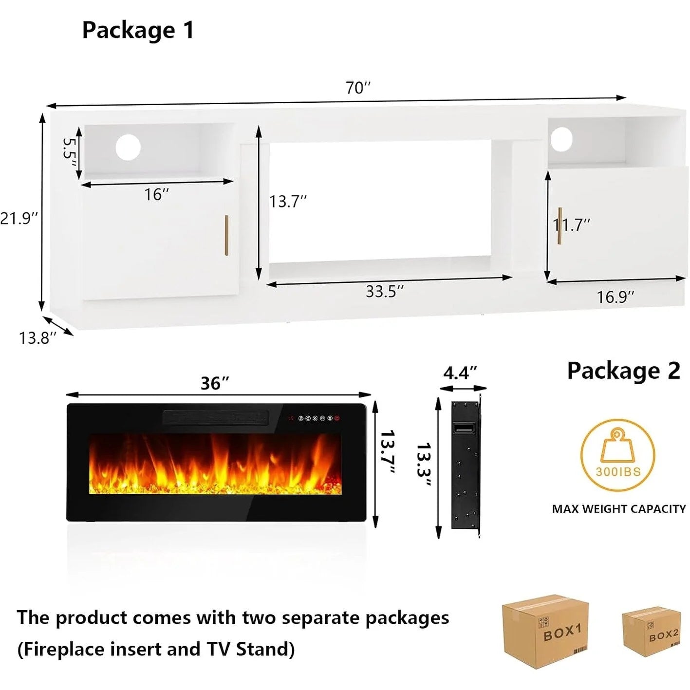Bossin 70 Fireplace TV Stand with 36 Electric Fireplace, TV Stand for TVs Up to 80, 16 Colors LED Lights/Entertainment Center