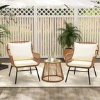 3-Piece Patio Conversation Bistro Set, Outdoor Rattan Furniture Set with Glass Table & 2 Wide Armchairs, Seat Cushions