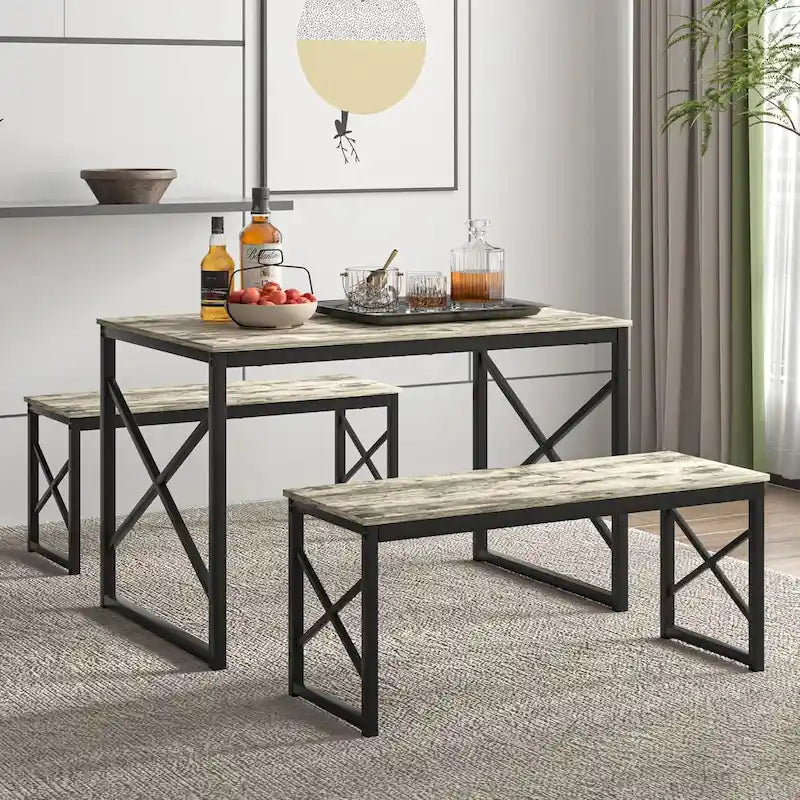 VECELO 3-pieces Dining Table with Bench, Dinning Room Table Set for 4-6, Kitchen Table with 2 Benches Dining Table Set