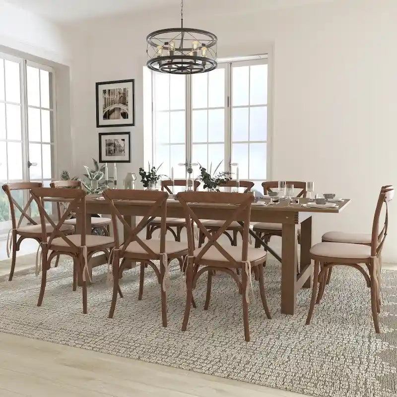 8' x 40 Rustic Folding Farm Table Set with 10 Cross Back Chairs and Cushions