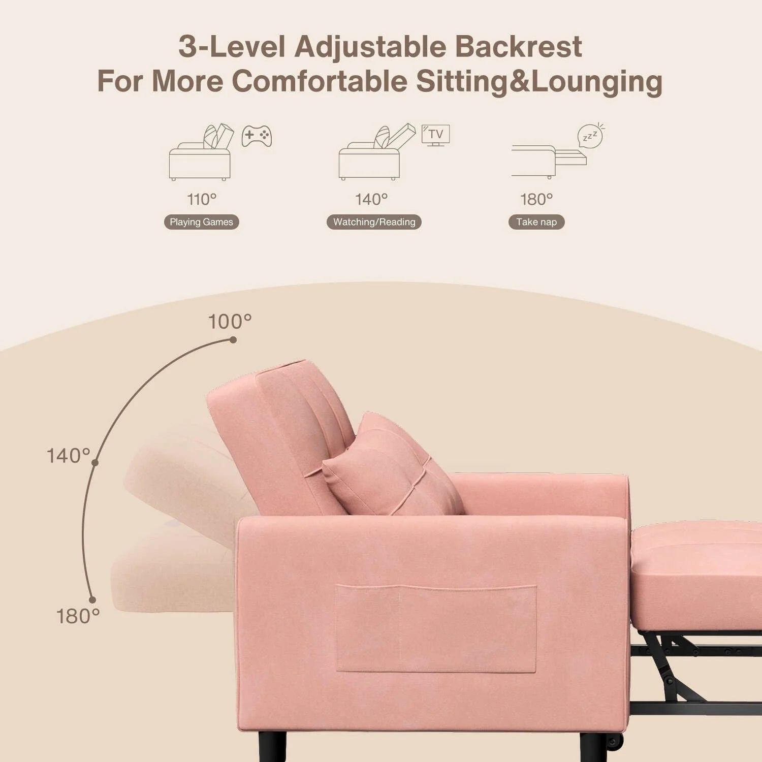 3-in-1 Adjustable Sleeper Sofa Bed, Pull Out Chair Sofa, Convertible Folding Bed for Living Room