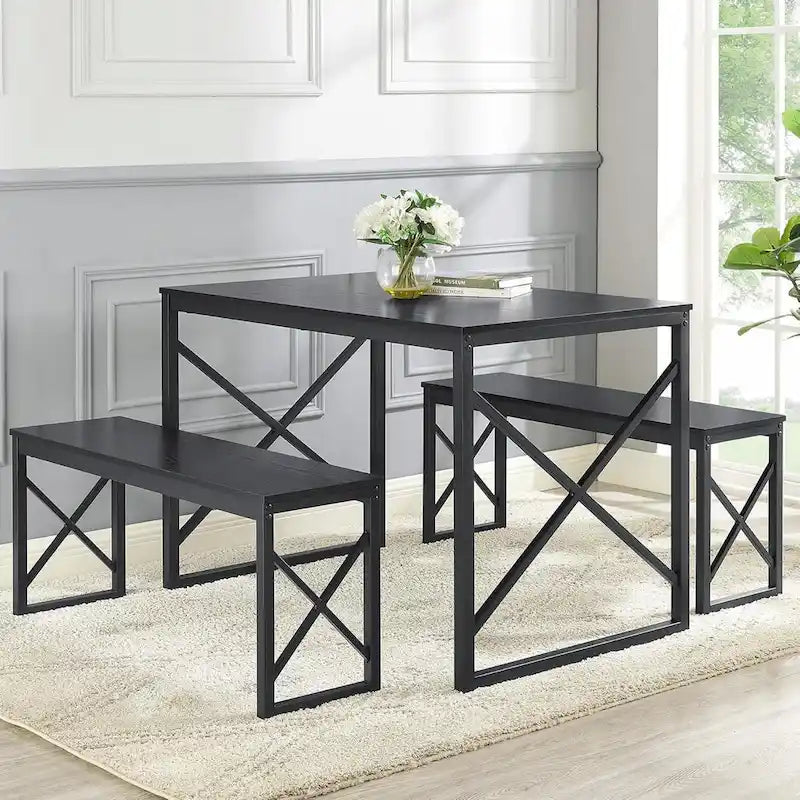 VECELO 3-pieces Dining Table with Bench, Dinning Room Table Set for 4-6, Kitchen Table with 2 Benches Dining Table Set