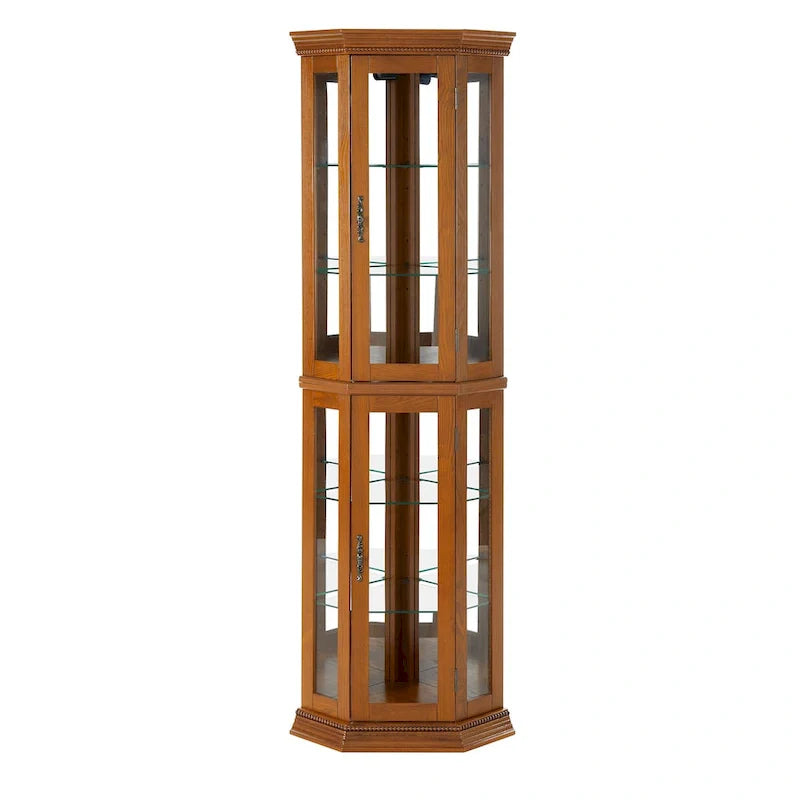 Corner Curio Cabinet with Lights, Adjustable Tempered Glass Shelves, Mirrored Back, Display Cabinet