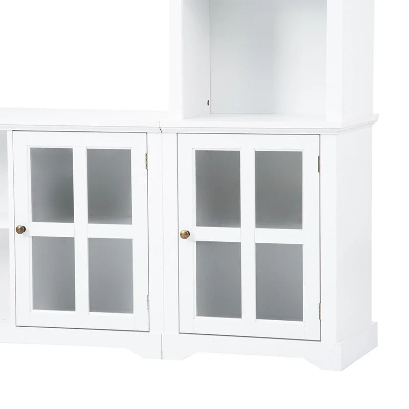 Entertainment Wall Unit with Bridge, Tempered Glass Doors for TVs Up to 70