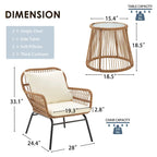 3-Piece Patio Conversation Bistro Set, Outdoor Rattan Furniture Set with Glass Table & 2 Wide Armchairs, Seat Cushions