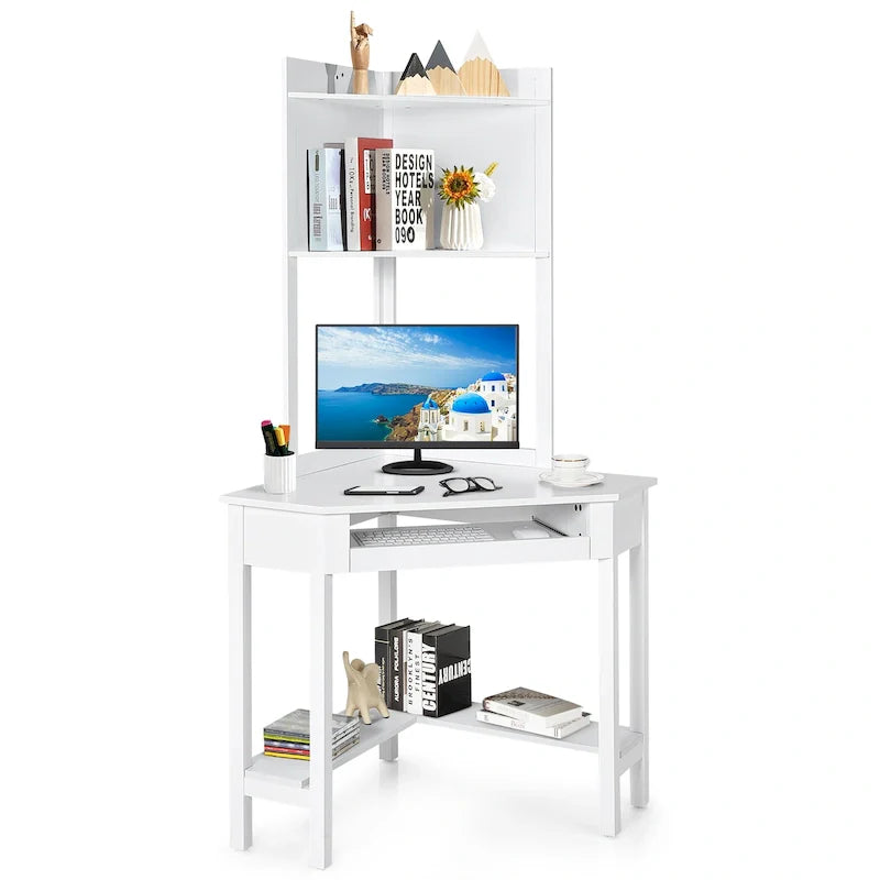 Triangle Corner Desk with Hutch - Bookshelves - Keyboard Tray - Black/White