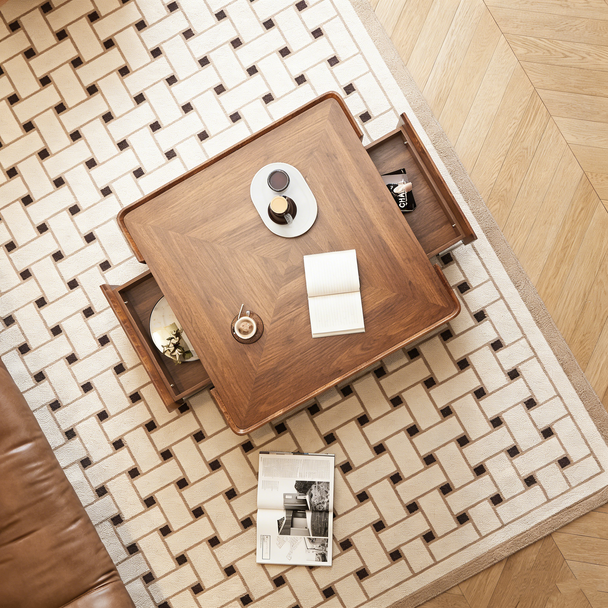 Walnut Triangular Coffee Table with 2 Drawers