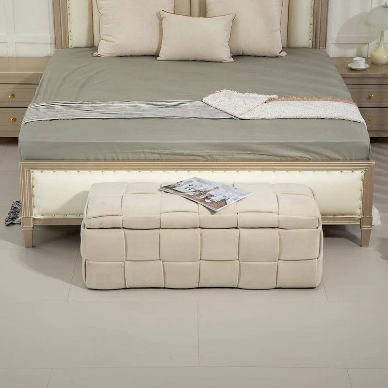 Velvet Upholstered Fabric Storage Ottoman with Safety Hinge, No assembly required