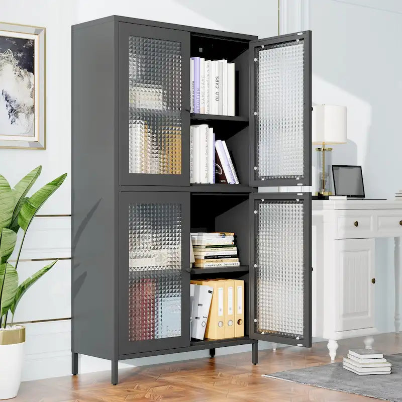 Classic Metal Storage Cabinet Display Cabinet with 4 Glass Doors 4 Shelves Cabinet Bookcase Side Cabinet