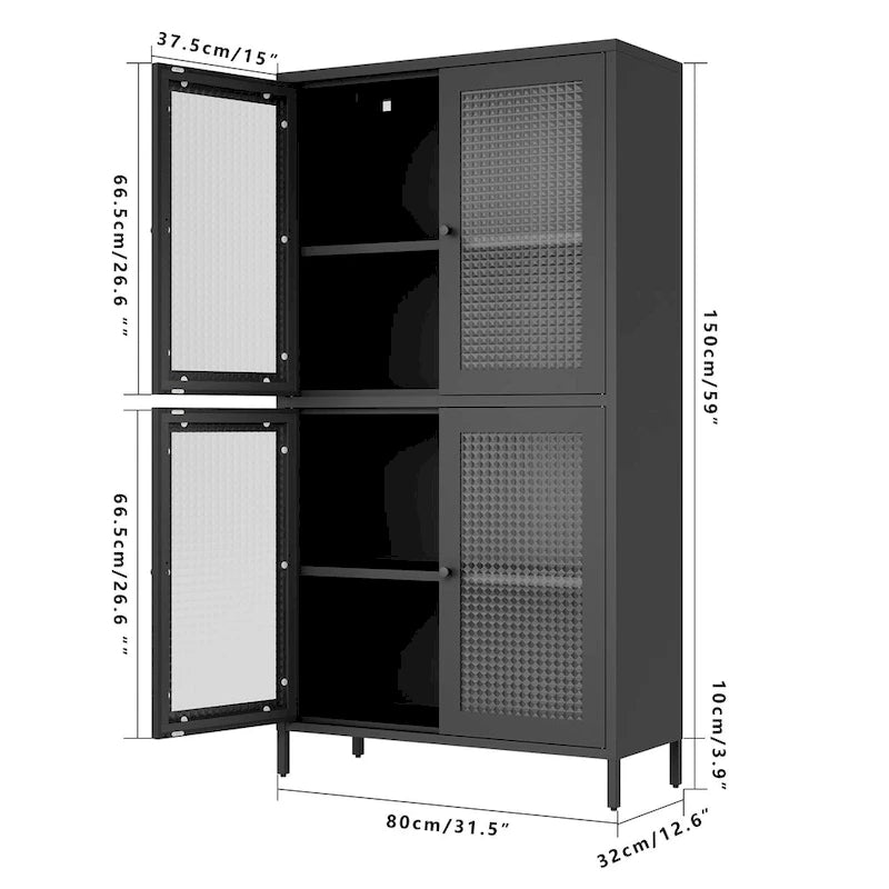 Classic Metal Storage Cabinet Display Cabinet with 4 Glass Doors 4 Shelves Cabinet Bookcase Side Cabinet