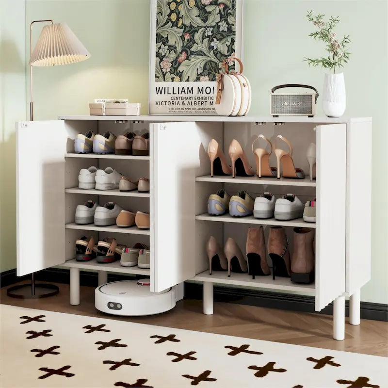 Minimalist Shoe Cabinet with 5 Solid Wood Legs and Fluted Doors