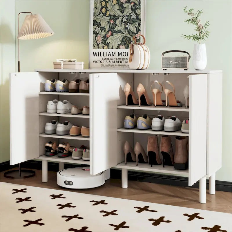 Minimalist Shoe Cabinet with 5 Solid Wood Legs and Fluted Doors