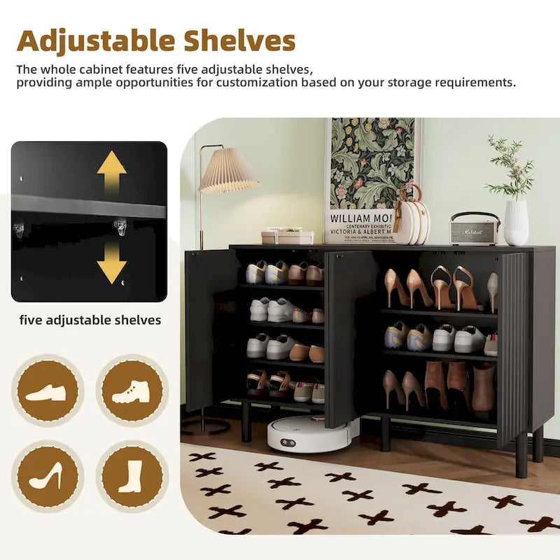 Minimalist Shoe Cabinet with 5 Solid Wood Legs and Fluted Doors