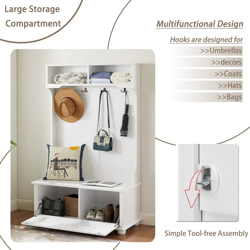 Modern Classic Hall Tree with Shoe Rack Bench and Coat Hooks for Hanging Storage