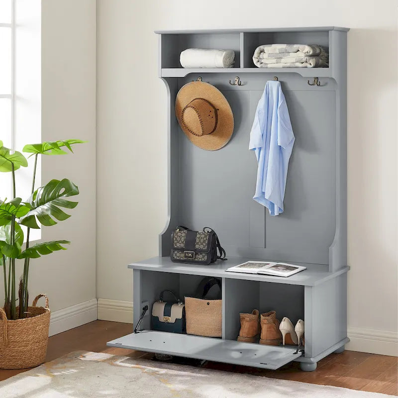 Modern Classic Hall Tree with Shoe Rack Bench and Coat Hooks for Hanging Storage