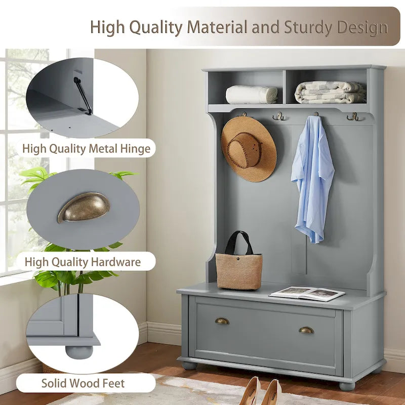 Modern Classic Hall Tree with Shoe Rack Bench and Coat Hooks for Hanging Storage