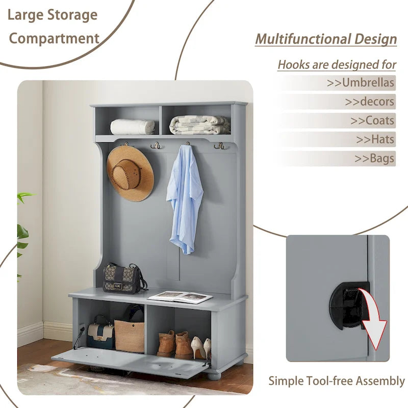 Modern Classic Hall Tree with Shoe Rack Bench and Coat Hooks for Hanging Storage