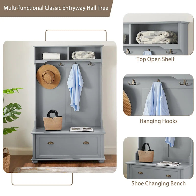 Modern Classic Hall Tree with Shoe Rack Bench and Coat Hooks for Hanging Storage
