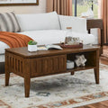 Mid Century Modern Fluted Coffee Table with Storage Sliding Door & Solid Wood Leg, Vintage Farmhouse Wood Center Table