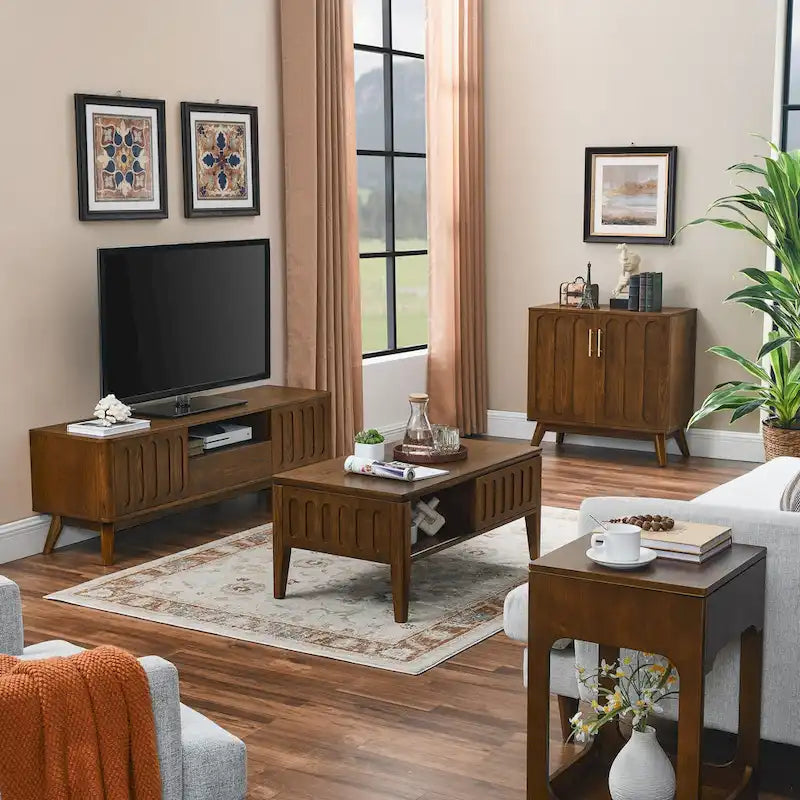 Mid Century Modern Fluted Coffee Table with Storage Sliding Door & Solid Wood Leg, Vintage Farmhouse Wood Center Table