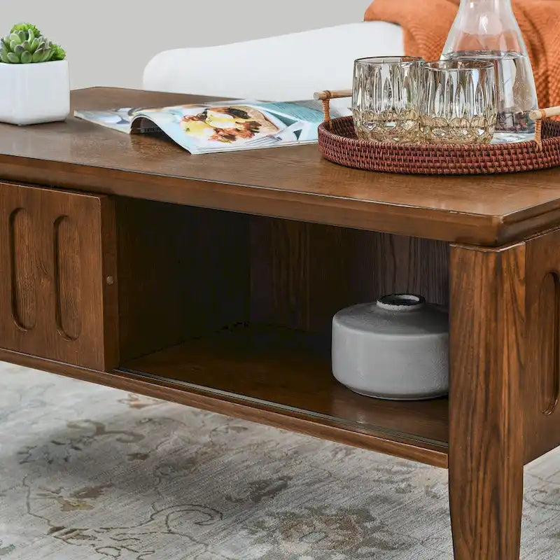 Mid Century Modern Fluted Coffee Table with Storage Sliding Door & Solid Wood Leg, Vintage Farmhouse Wood Center Table