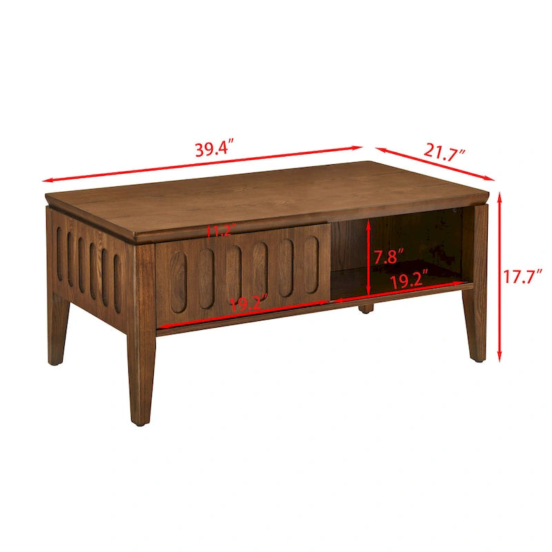Mid Century Modern Fluted Coffee Table with Storage Sliding Door & Solid Wood Leg, Vintage Farmhouse Wood Center Table