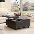 Massive square storage bench, footstool with two storage doors, mid-century modern coffee table for living room, nailhead inlay