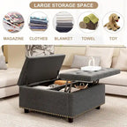 Massive square storage bench, footstool with two storage doors, mid-century modern coffee table for living room, nailhead inlay
