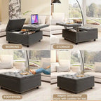 Massive square storage bench, footstool with two storage doors, mid-century modern coffee table for living room, nailhead inlay