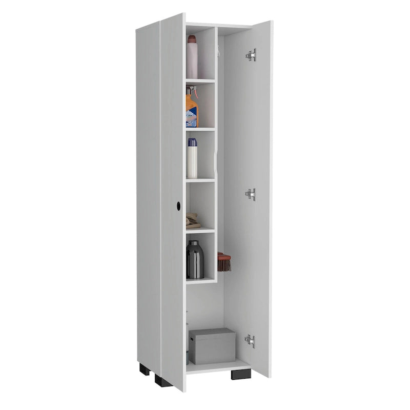 Lake Broom Cabinet Slim-Design Storage Solution with Inner Shelves and Side Broom Hangers White