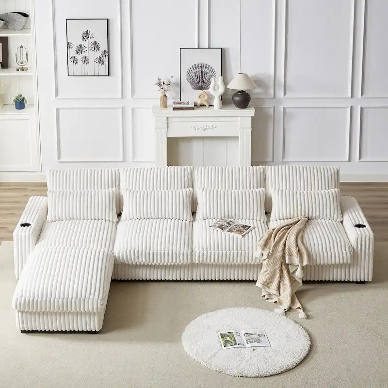 126 W Corduroy Large L-Shaped Sofa With USB Port