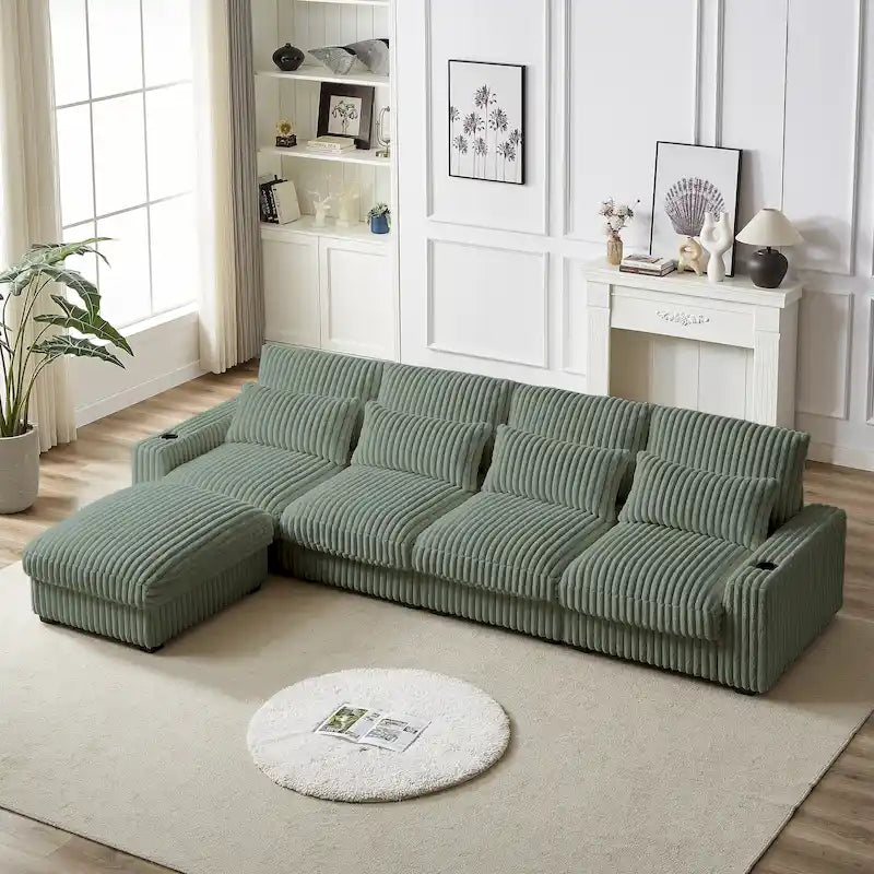 126 W Corduroy Large L-Shaped Sofa With USB Port
