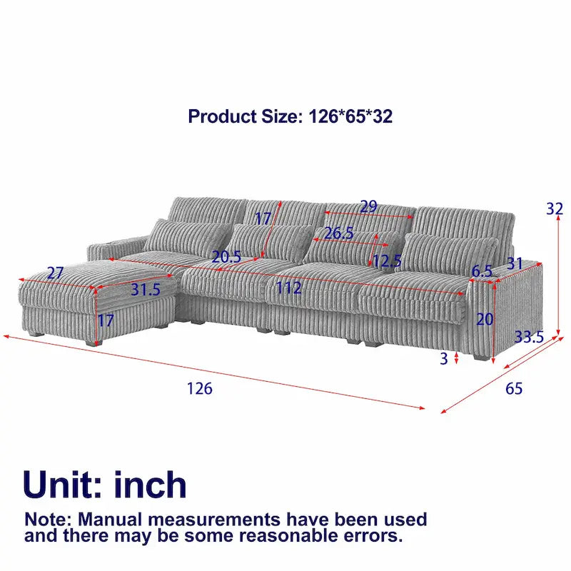 126 W Corduroy Large L-Shaped Sofa With USB Port