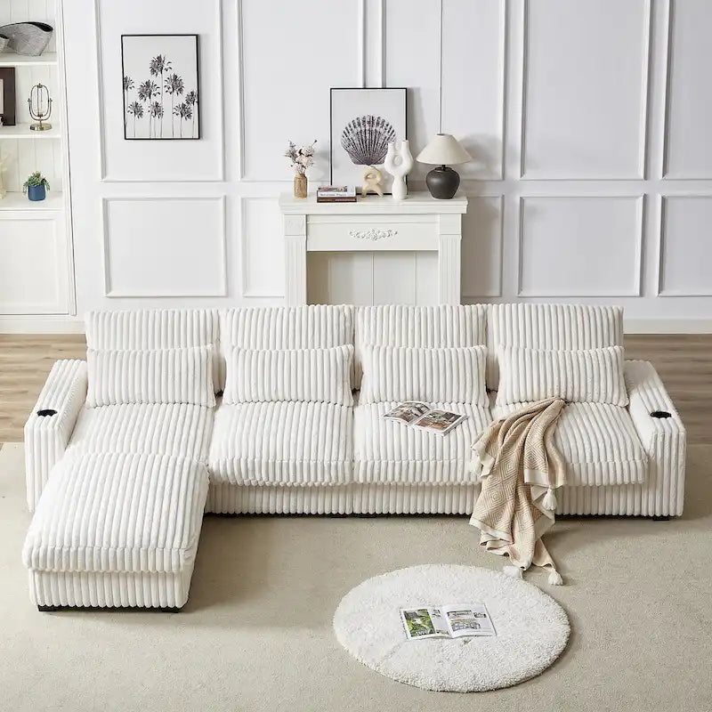 126 W Corduroy Large L-Shaped Sofa With USB Port