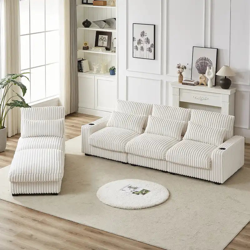 126 W Corduroy Large L-Shaped Sofa With USB Port