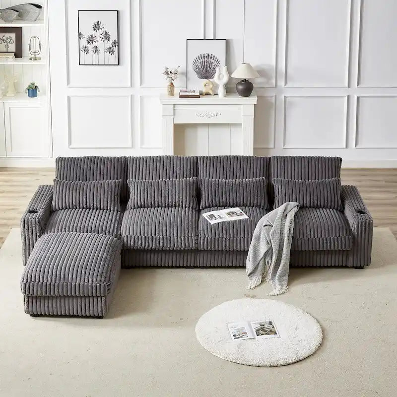 126 W Corduroy Large L-Shaped Sofa With USB Port