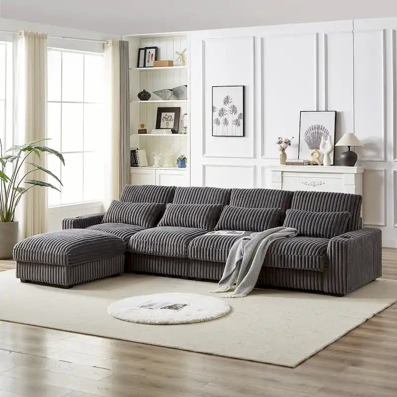 126 W Corduroy Large L-Shaped Sofa With USB Port