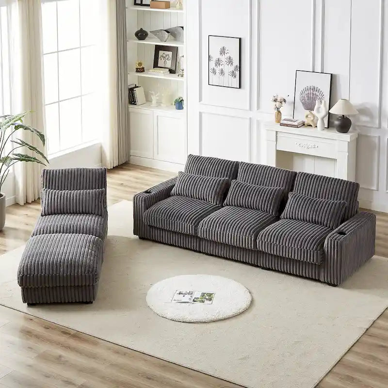 126 W Corduroy Large L-Shaped Sofa With USB Port