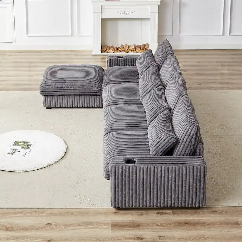 126 W Corduroy Large L-Shaped Sofa With USB Port