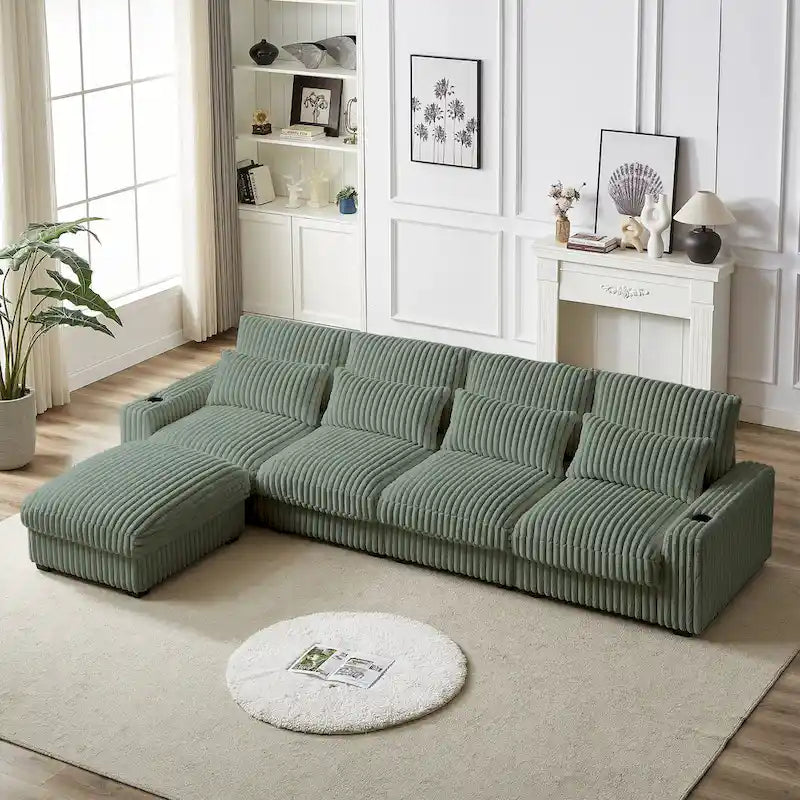 126 W Corduroy Large L-Shaped Sofa With USB Port