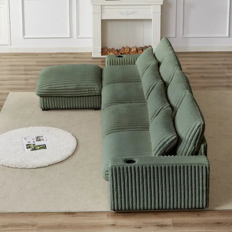 126 W Corduroy Large L-Shaped Sofa With USB Port