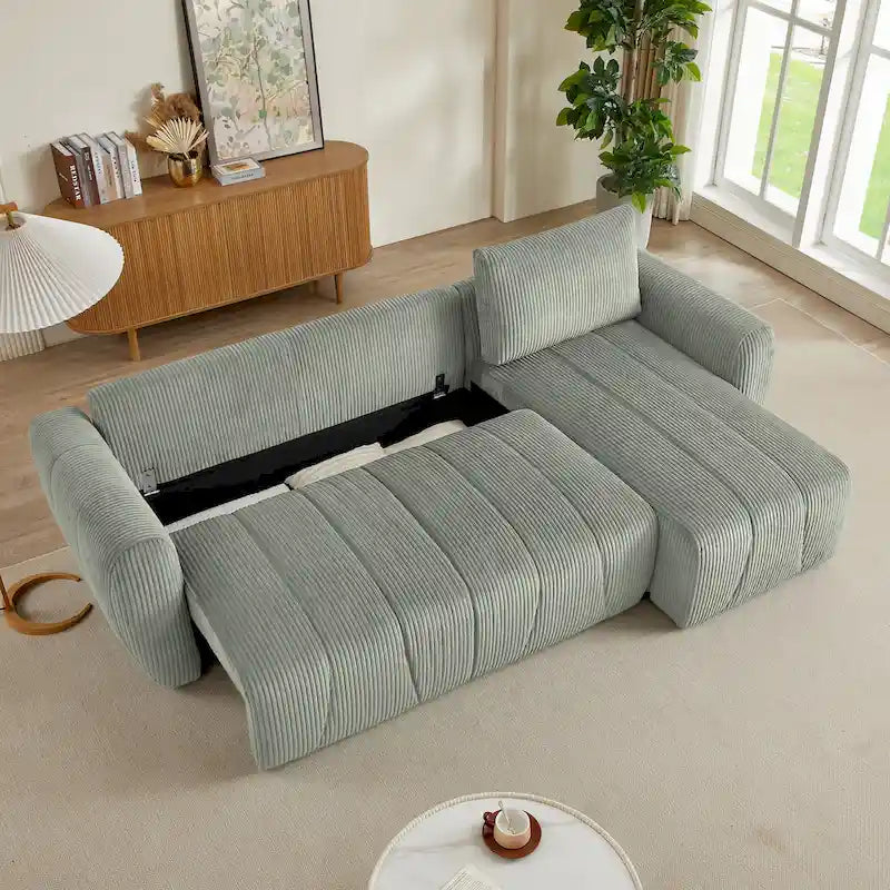 Grey 105.2  Corduroy L-Shaped Convertible Sleeper Sectional with Storage