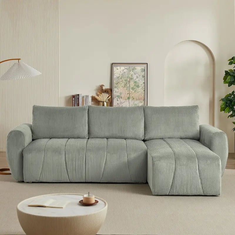 Grey 105.2  Corduroy L-Shaped Convertible Sleeper Sectional with Storage