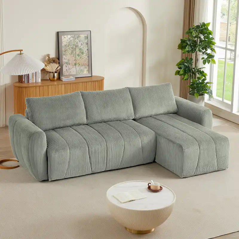 Grey 105.2  Corduroy L-Shaped Convertible Sleeper Sectional with Storage