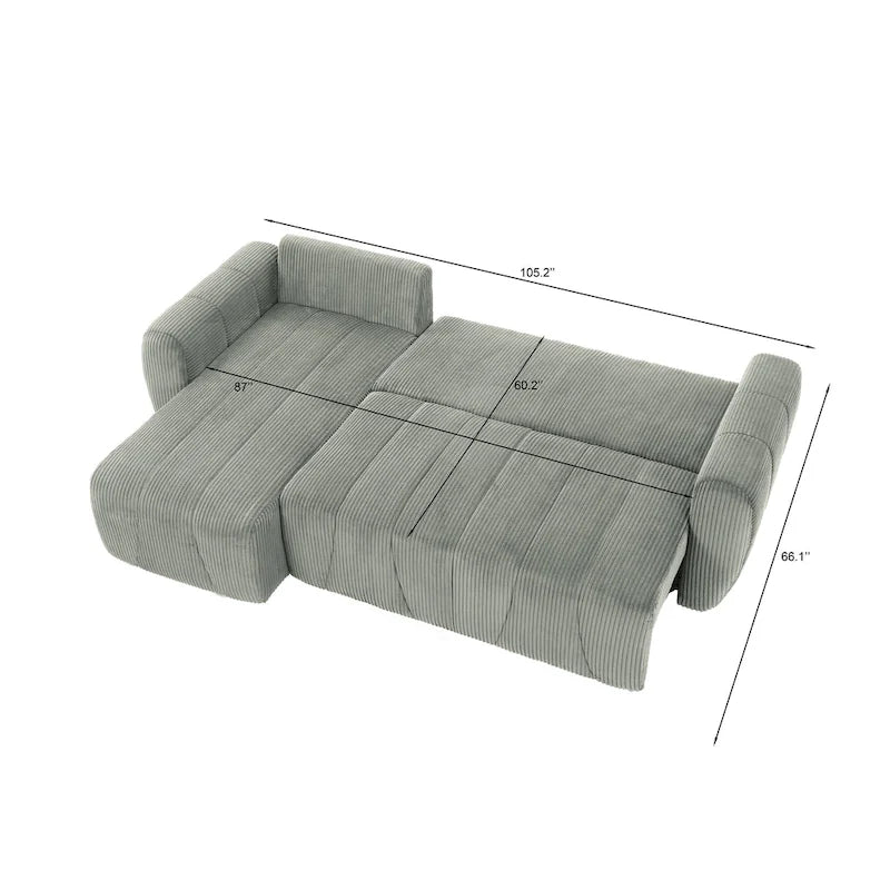Grey 105.2  Corduroy L-Shaped Convertible Sleeper Sectional with Storage