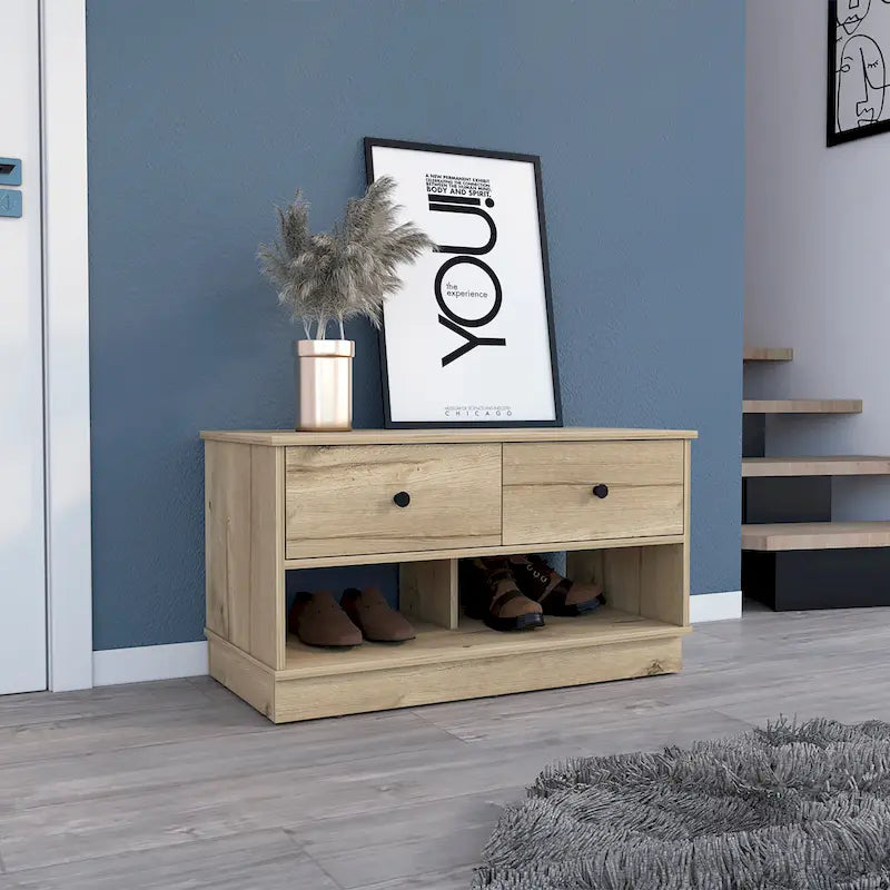 Storage Bench, Lower Shelf, Two Drawers, Light Oak Finish