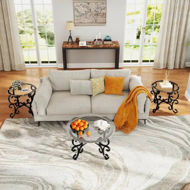 3 Piece Tempered Glass Surface Coffee Table Set, Coffee Table Round End Side Table with Sturdy Construction for Living Room