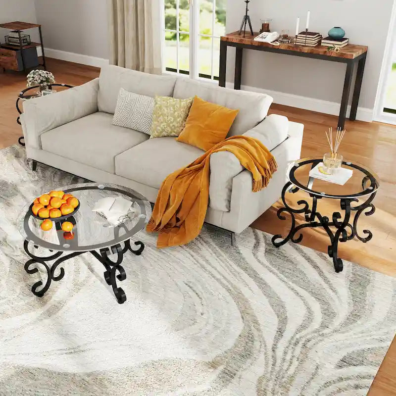 3 Piece Tempered Glass Surface Coffee Table Set, Coffee Table Round End Side Table with Sturdy Construction for Living Room