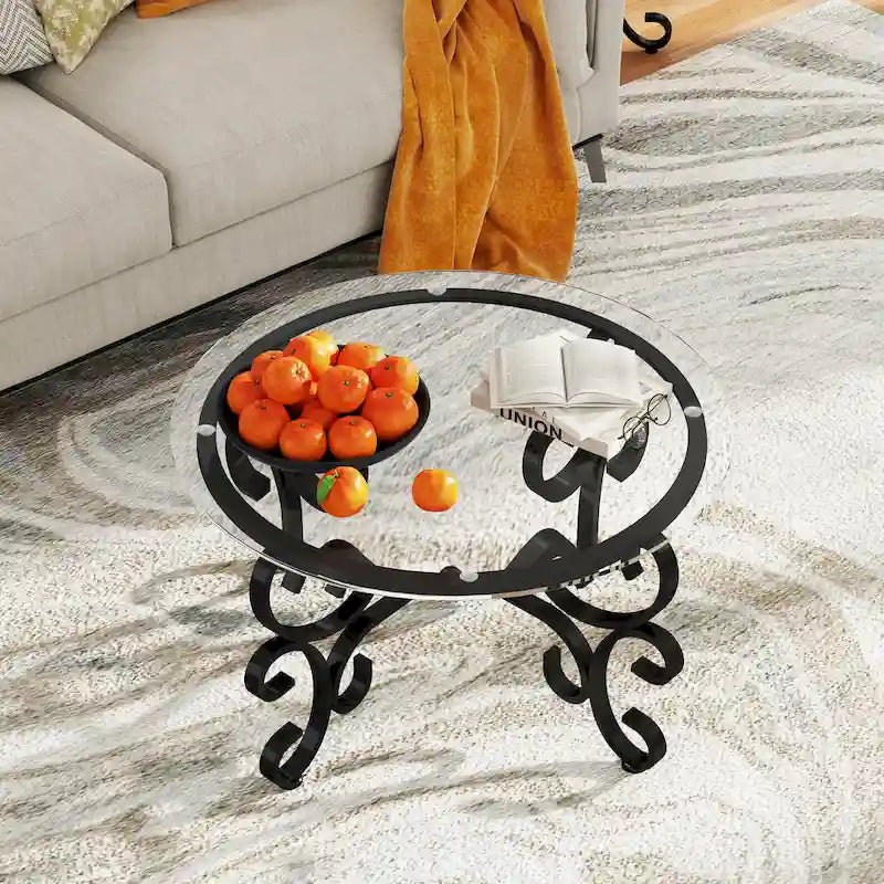 3 Piece Tempered Glass Surface Coffee Table Set, Coffee Table Round End Side Table with Sturdy Construction for Living Room