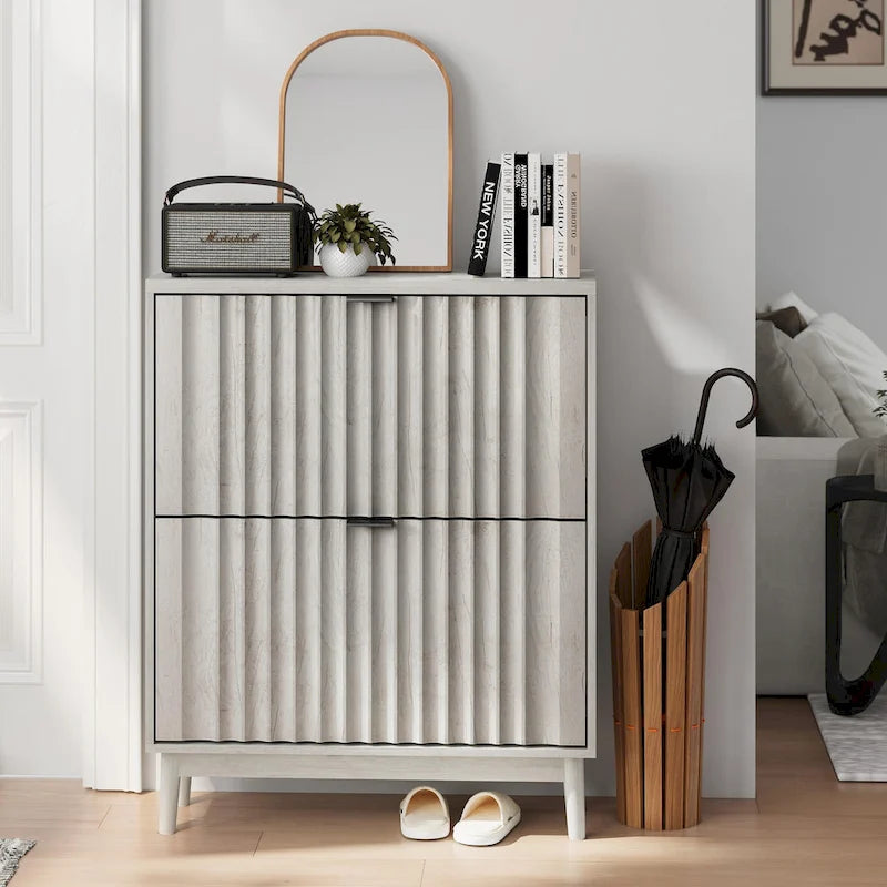 Shoe Cabinet with 2 Flip Drawers, Fluted Shoe Storage Cabinet for Entryway, Free Standing Shoe Storage Organizer with Wave Doors